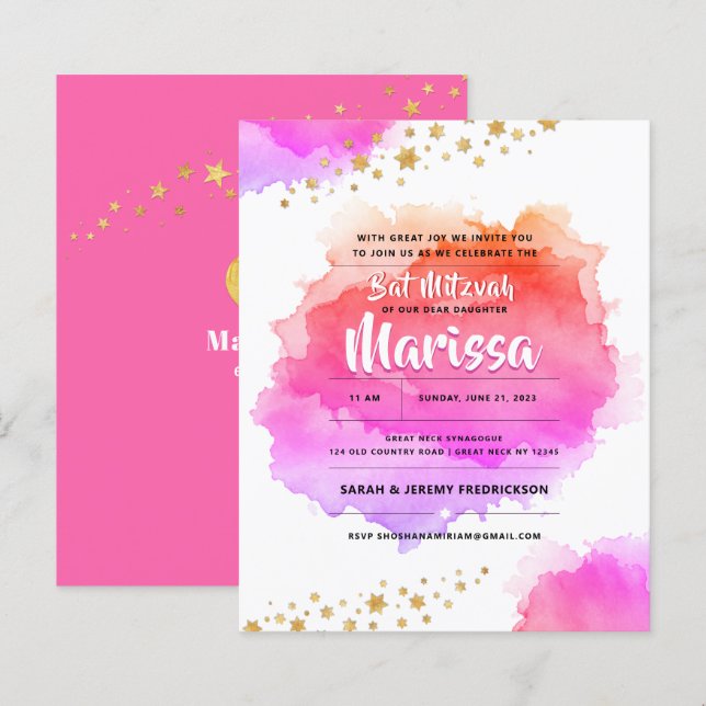 Bat Mitzvah Watercolor Glitter Convite (Frente/Verso)