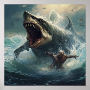 Batalha Epic: Megalodon vs T-Rex Poster - Liberar 