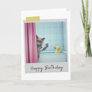 Bathtime Cinza Gato Engraçado Cartão de Aniversári