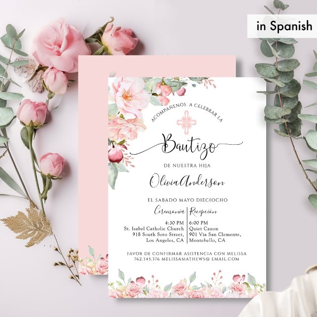 Batismo Espanhol Rosa e Mint Convite Floral (Criador carregado)