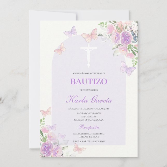 Batismo Floral Roxo Convite Espanhol (Frente)