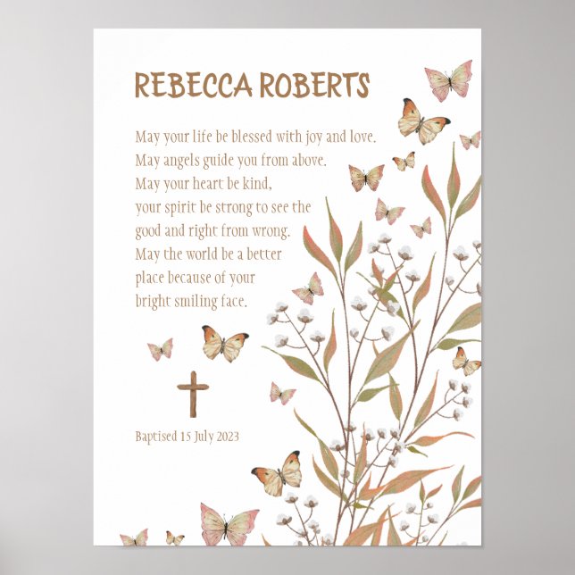 Batismo Garota Aquarela Borboletas Poster (Frente)