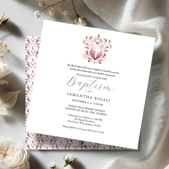 Batismo Quadrado Convites Rosa Religioso (Daughter baptism invitations dusty rose watercolor)