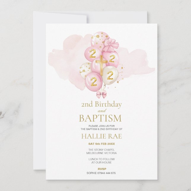 Batismo rosa e Dourado e convite a segundos aniver (Frente)
