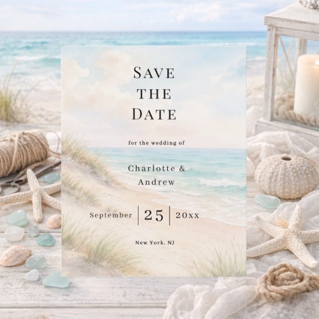 Beach coastal modern wedding Save the Date card (Criador carregado)