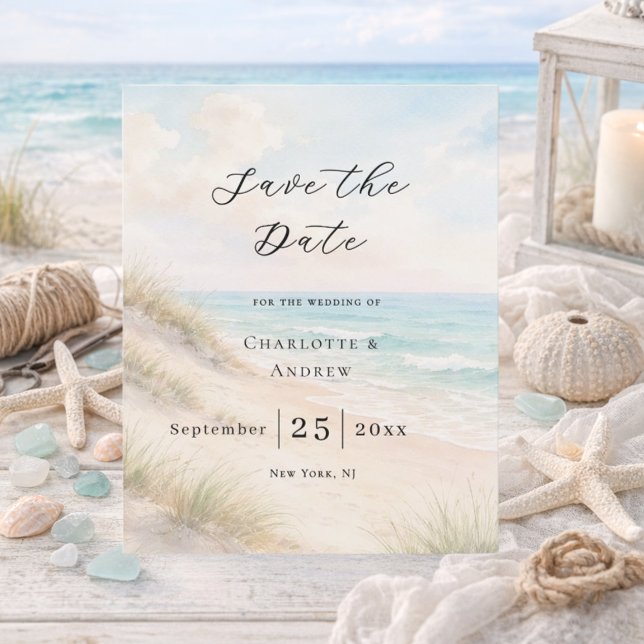 Beach coastal modern wedding Save the Date card (Criador carregado)