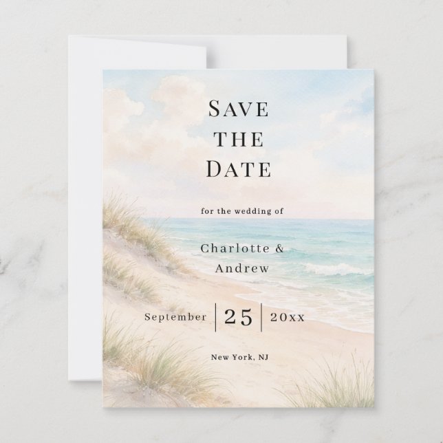 Beach coastal modern wedding Save the Date card (Frente)