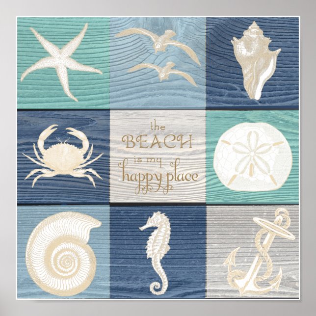 Beach Happy Place Blue Aqua Old Wood Sea Poster (Frente)