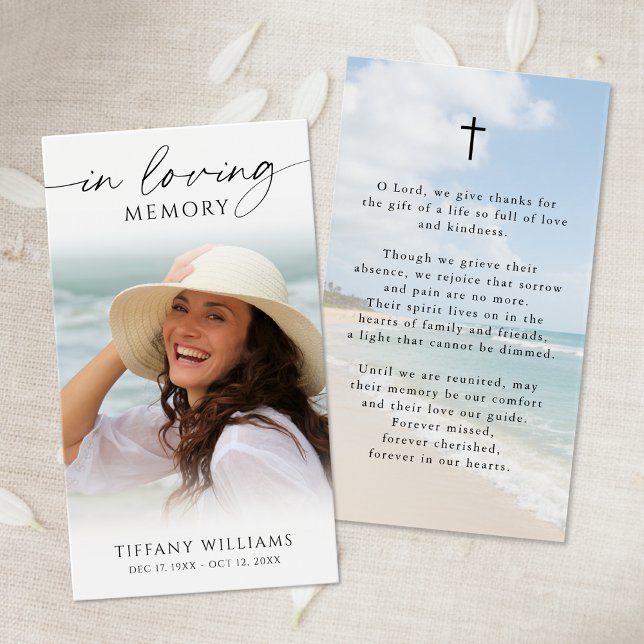 Beach In Loving Memory Photo Cross Prayer Card (Criador carregado)