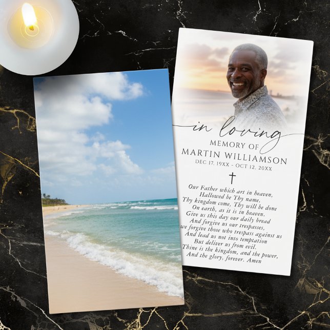 Beach Photo Cross Sympathy Funeral Prayer Card (Criador carregado)