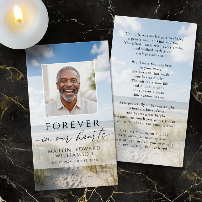 Beach Photo Forever Hearts Memorial Prayer Card (Criador carregado)