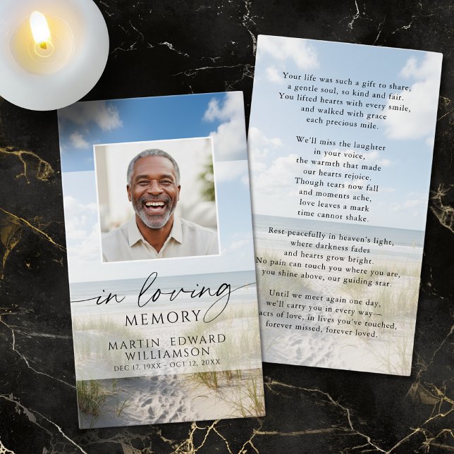 Beach Photo In Loving Memory Sympathy Prayer Card (Criador carregado)
