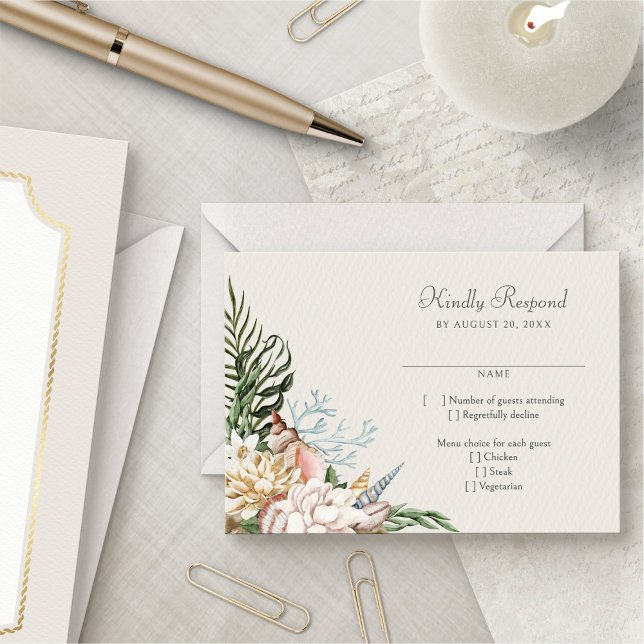 Beach Seashells Floral Wedding RSVP (Criador carregado)