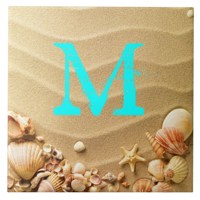 Beach Seashells Hawaii Sand Monograma Display Azul (Frente)