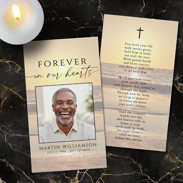 Beach Sunset Forever Hearts Sympathy Prayer Card (Criador carregado)