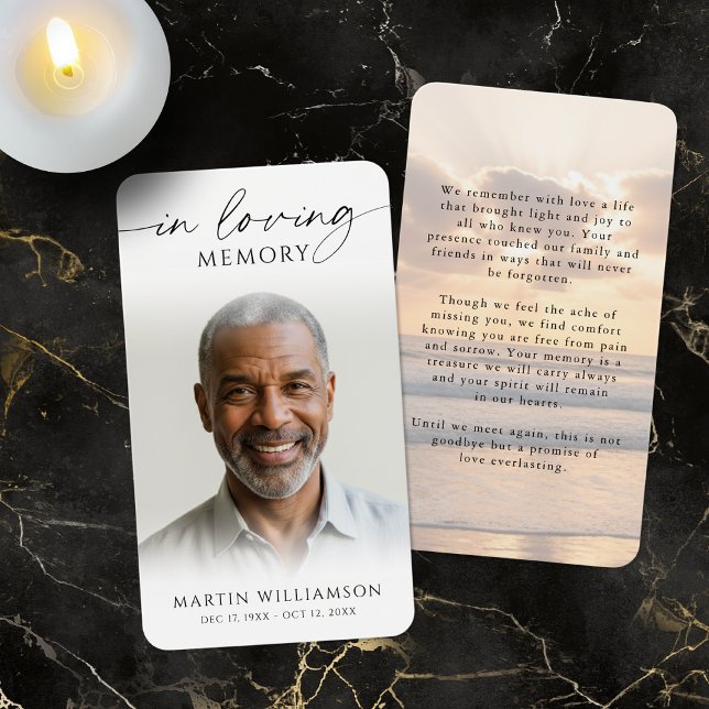 Beach Sunset In Loving Memory Photo Prayer Card (Criador carregado)