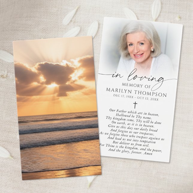 Beach Sunset Photo Cross Memorial Prayer Card (Criador carregado)