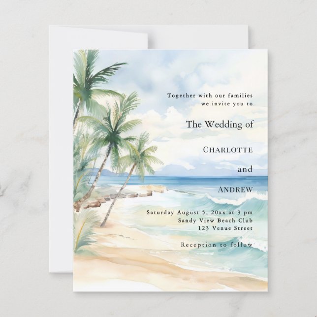 Beach tropical palm destination wedding invitation (Frente)