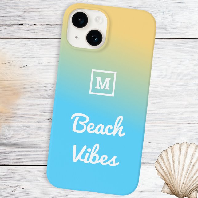 Beach Vibes Modern Blue Yellow Ombre Monogramado (A beach themed phone case with yellow and blue ombre design, personalized with a monogram initial)
