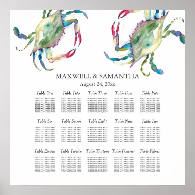 Beach Wedding SEATING CHART, Blue Crab Poster (Frente)