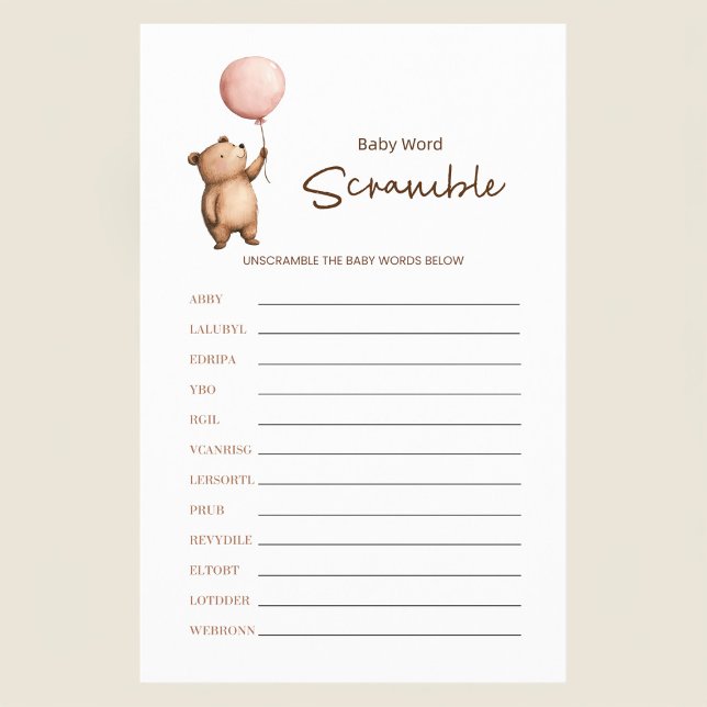 Bear Baby Shower Word Scramble Game Flyer (Criador carregado)