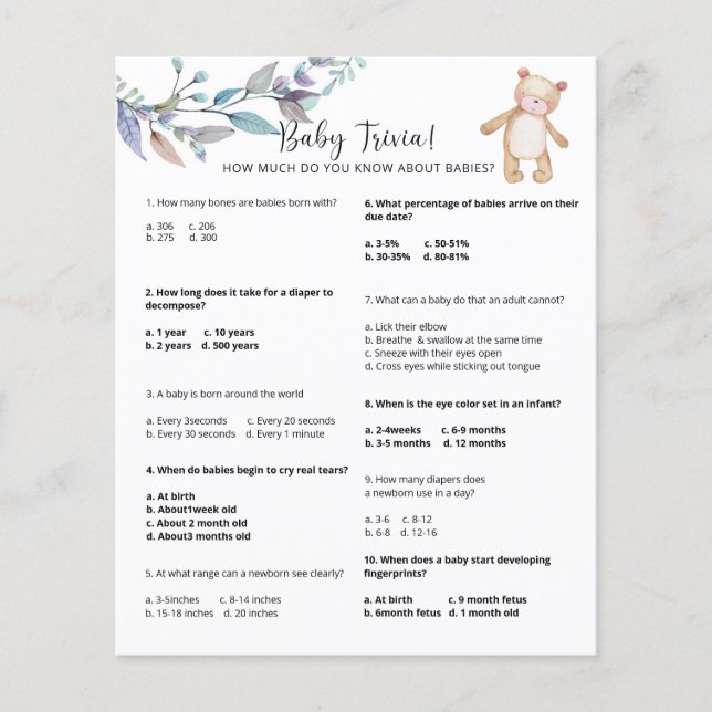 Bear Baby Trivia | Jogo Chá de fraldas (Frente)