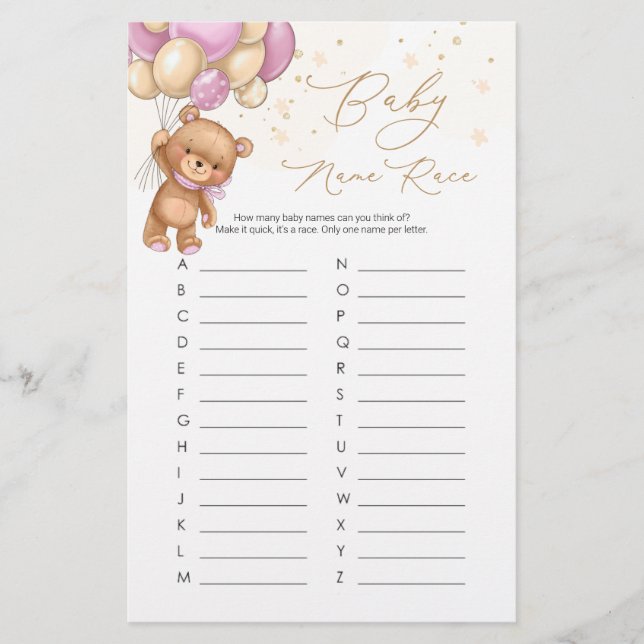Bear Bear Balões Rosa Bebê Nome Race Jogo (Frente)