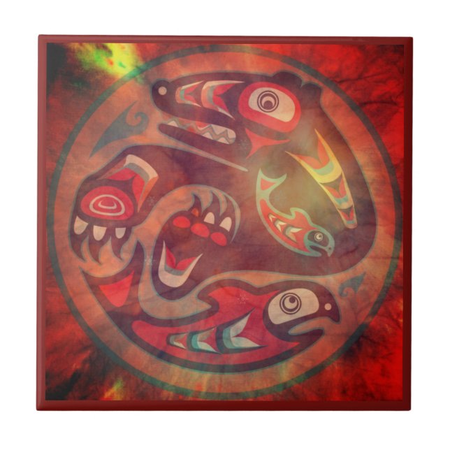 Bear Comendo Salmão Azulejo Nativo Americano (Frente)