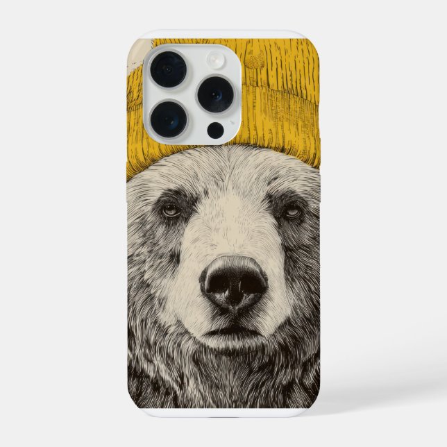 Bear in Yellow Beanie Rustic Woodland Animal  (Verso)