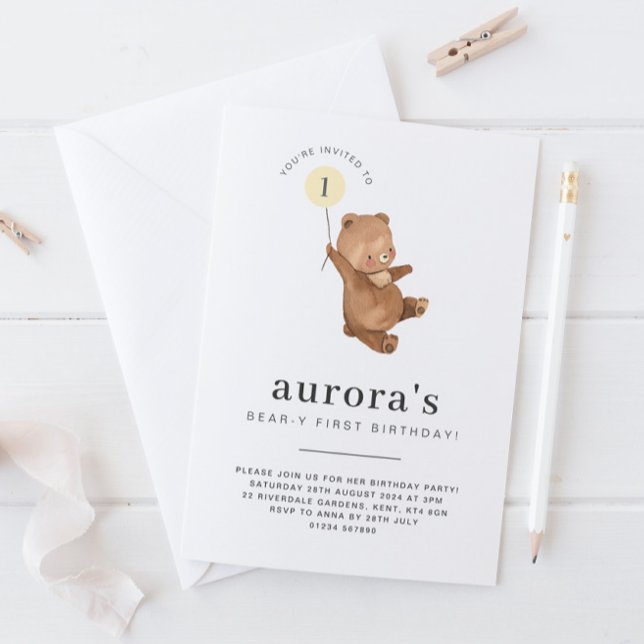 Bear Primeiro Aniversário Convite Amarelo Balão (Criador carregado)