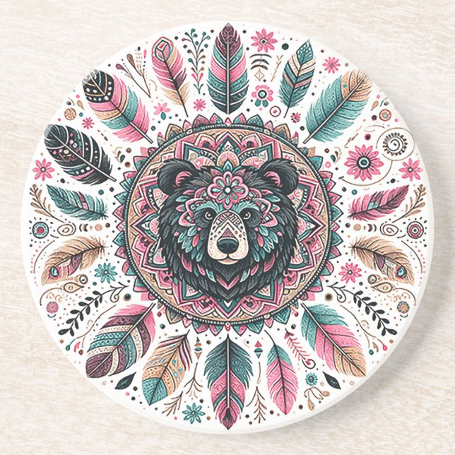 Bear Spirit Feather Porta copos Sandstone (Frente)
