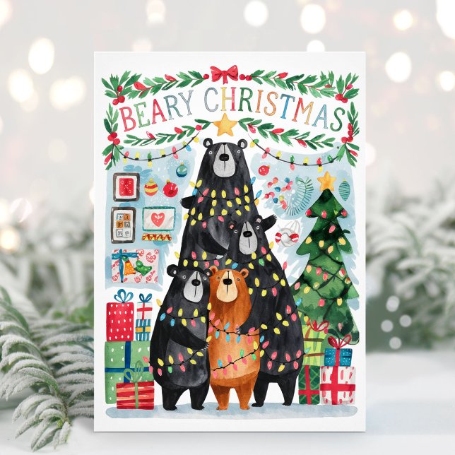 Beary Christmas Cute Bears Feliz Cartão de Natal (Flat Beary Christmas Holiday Card - Personalize with your greeting and names.)