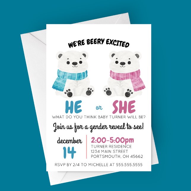 Beary Excitou Gênero Revela Convite (Beary Excited Winter Polar Bears Gender Reveal Party Invitation)