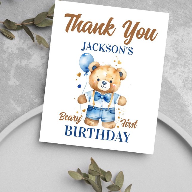 Beary First boy aniversário de ursinho bonitinho c (Teddy bear birthday thank you cards cute teddy bear with denim shorts blue balloon thank you card)