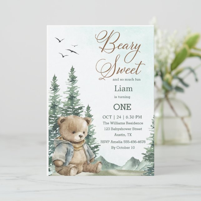 Beary Sweet Primeiro Convite De Aniversário | Past (Em pé/Frente)