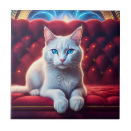 Beautiful Blue Eyed Albino Cat On Exotic Red Sofa