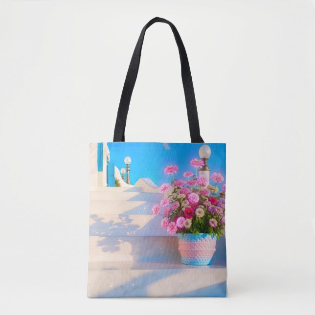 Beautiful flowers on white steps Tote Bag (Frente)