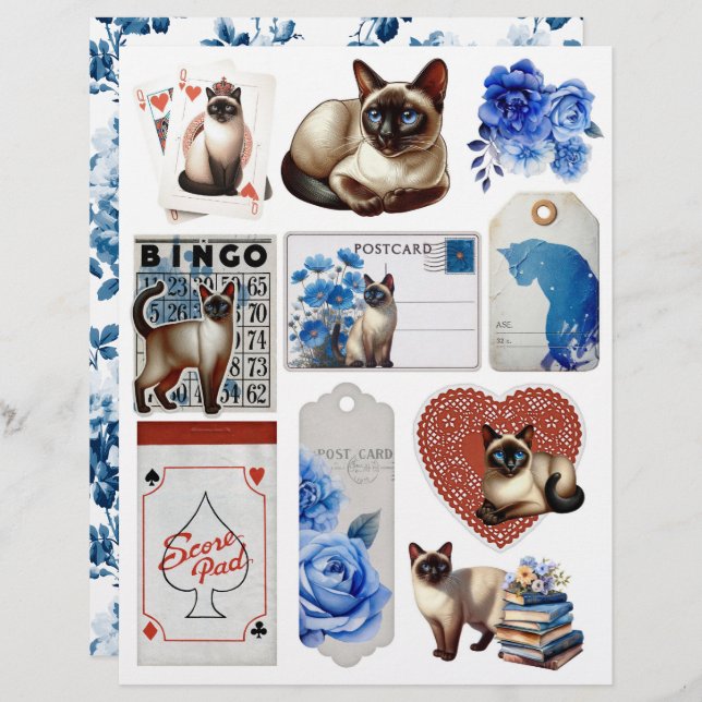 Beautiful Fussy Cuts with Siamese Cat & Blue Roses (Frente/Verso)