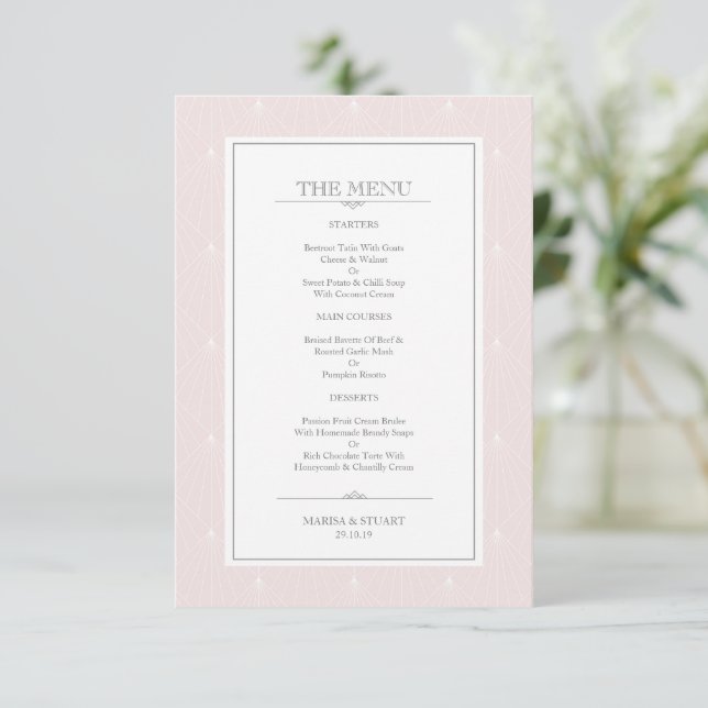 Beautiul Pastel Pink Weding Menu Art Deco (Em pé/Frente)