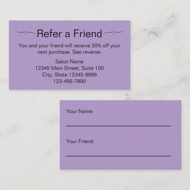 Beauty Salon Pale Purple Black Refere um Cartão Am (Frente/Verso)