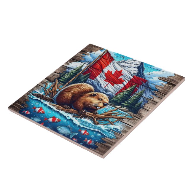Beaver canadense no lago com bandeira canadense (Lateral)