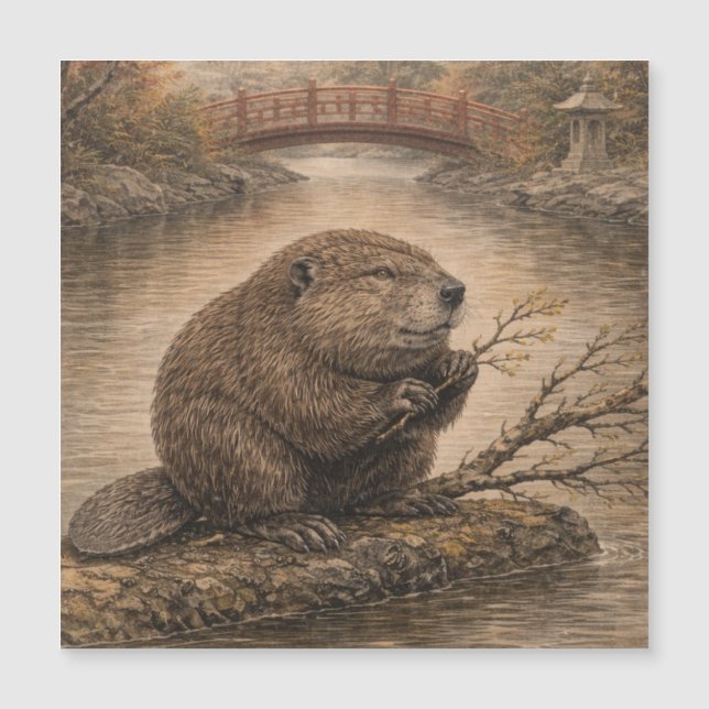 Beaver Japanese Landscape Magnet Card (Frente)
