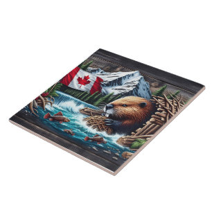 Beaver perto da bandeira canadense e Stream Mounta