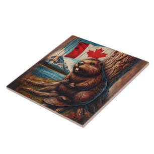 Beaver sentado em lago com bandeira canadense