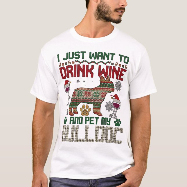 Beba Vinho Bulldog Cachorro Suéter Feio Chapéu de  (Frente)