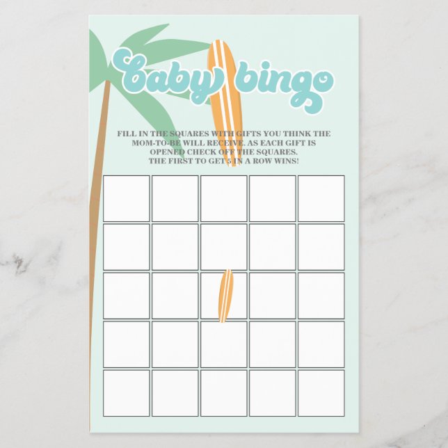 Bebê a Bordo Surfando Flyer de Bingo para Chá de B (Frente)