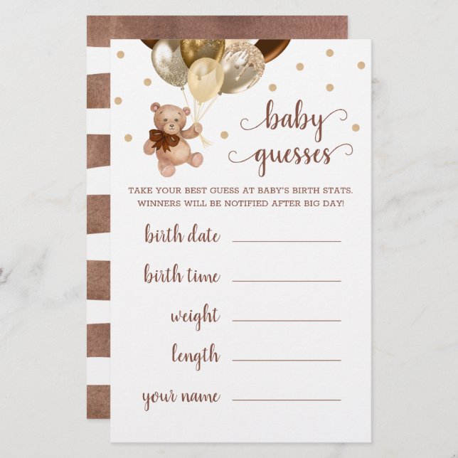 Bebê adivinha Chá de fraldas de jogo Urso de Teddy (Frente/Verso)