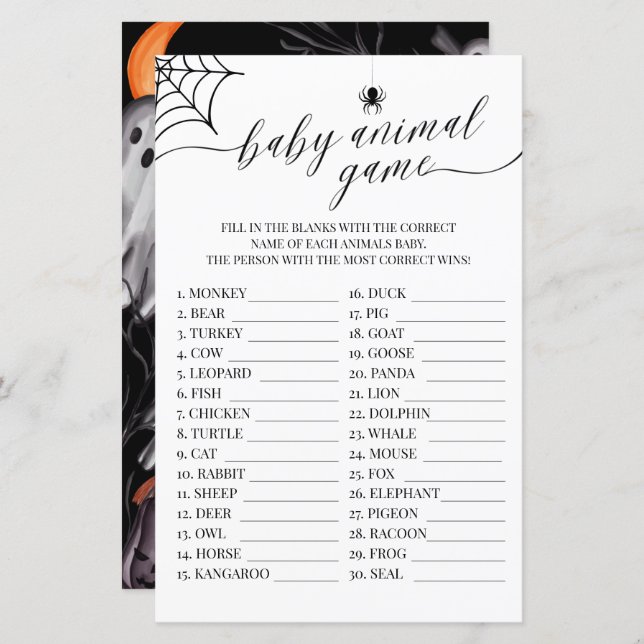 Bebê Animal Game Halloween Pequeno Chá de fraldas (Frente/Verso)