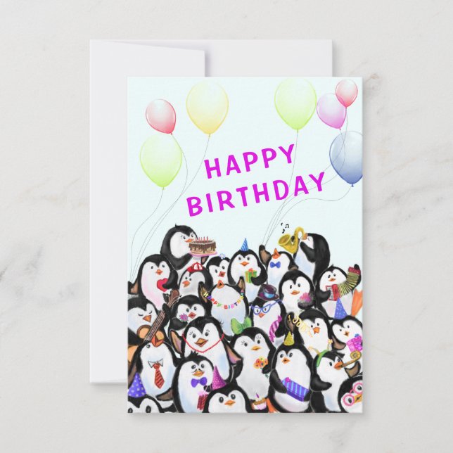 Bebê Aniversário Cartão Feliz Pinguins Festa Engra (Frente)