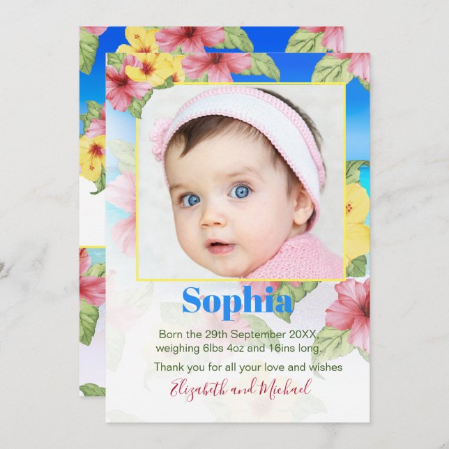 Bebê Anúncio Foto Tropical Floral Beach (Frente/Verso)